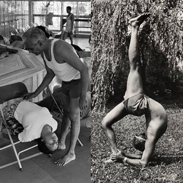 Collage fotografico in bianco e nero del maestro BKS Iyengar che assiste un'allieva con la sedia e mentre esegue un'estensione all'indietro
